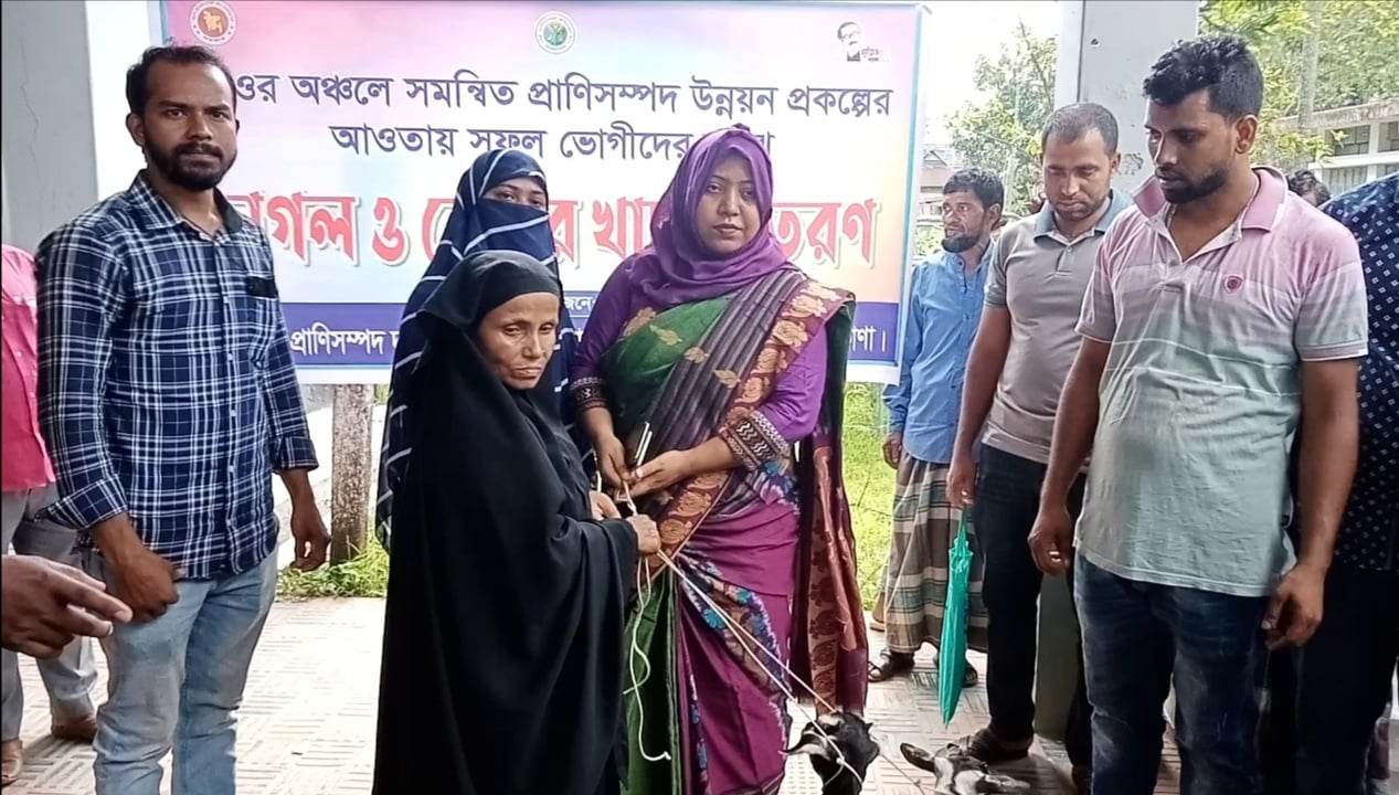 নেত্রকোণায় হাওর অঞ্চলে সমন্বিত প্রাণিসম্পদ উন্নয়ন প্রকল্পের আওতায় সুফল ভোগীদের মাঝে ছাগল ও ভেড়ার খাদ্য বিতরণ